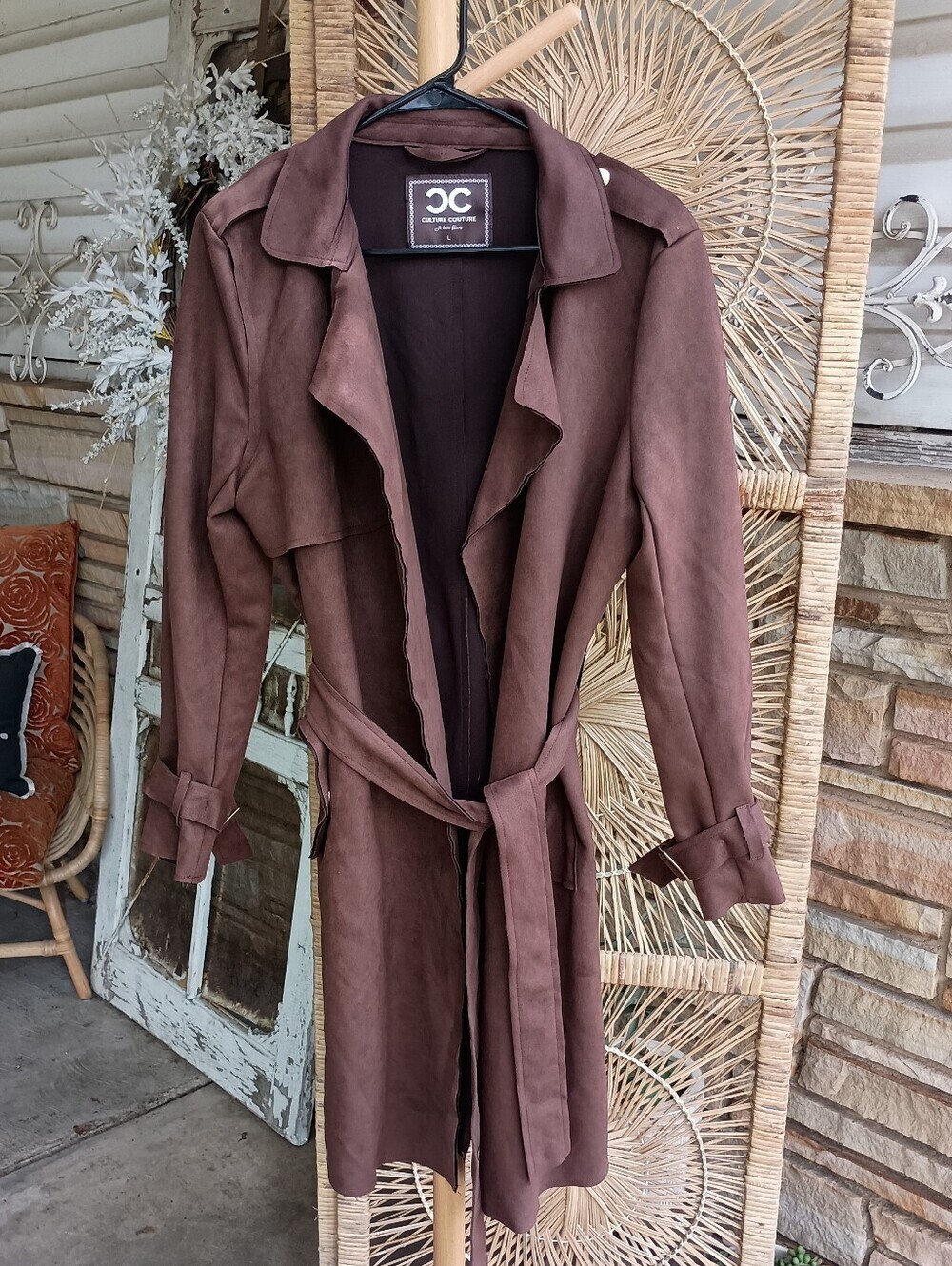 Culture Couture Elegant Faux Suede Trench Coat - Brown_L